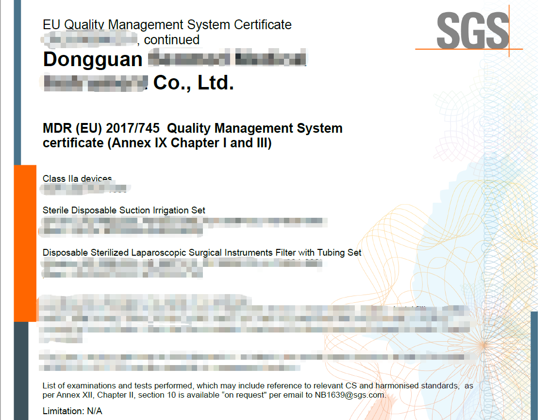 助力東莞某企業(yè)獲一次性吸洗套件CE MDR證書