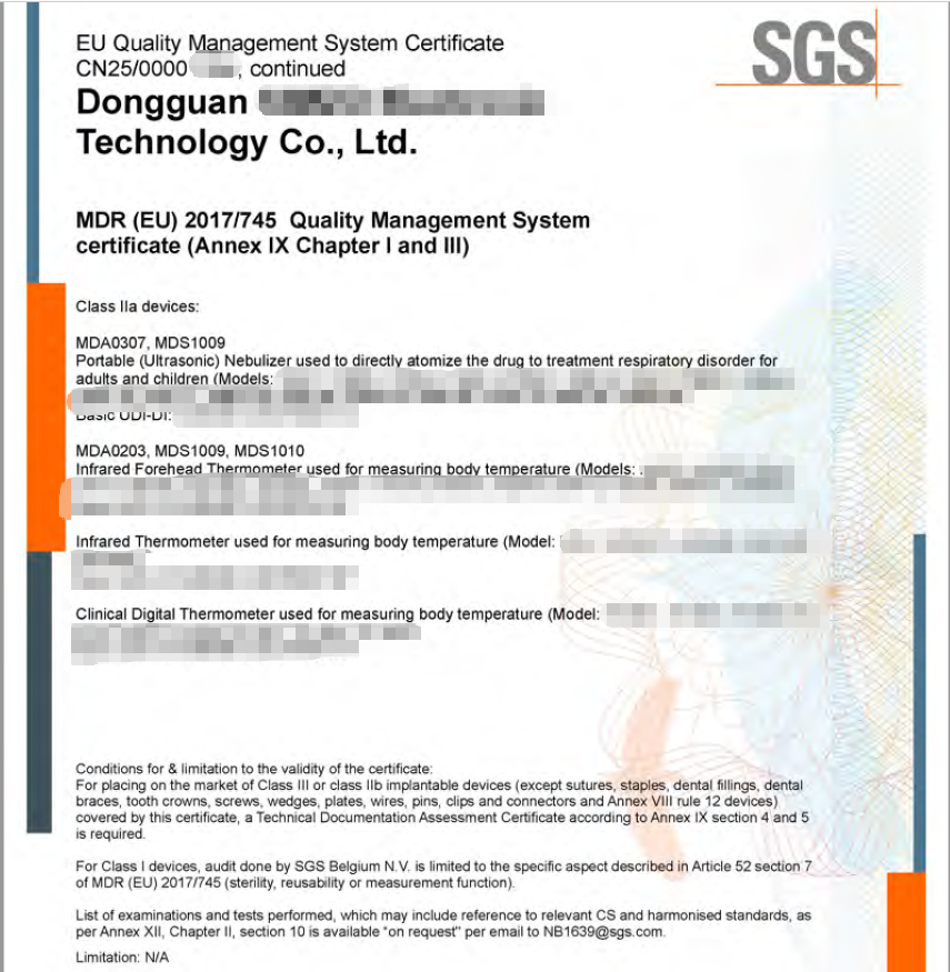 Assisted a certain enterprise in Dongguan in obtaining CE MDR certificates for four products